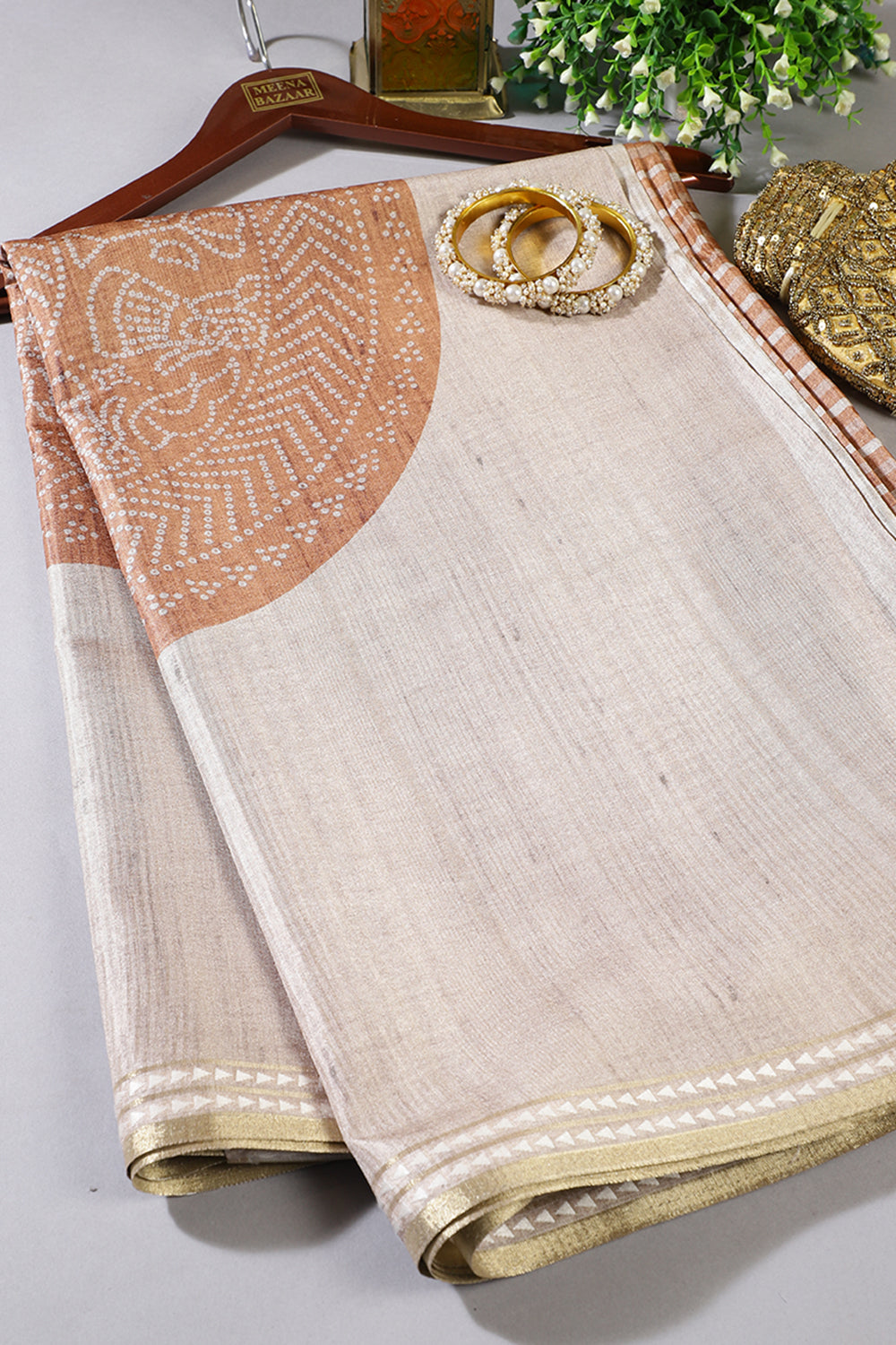 Beige And Mustard Tussar Silk Printed Saree