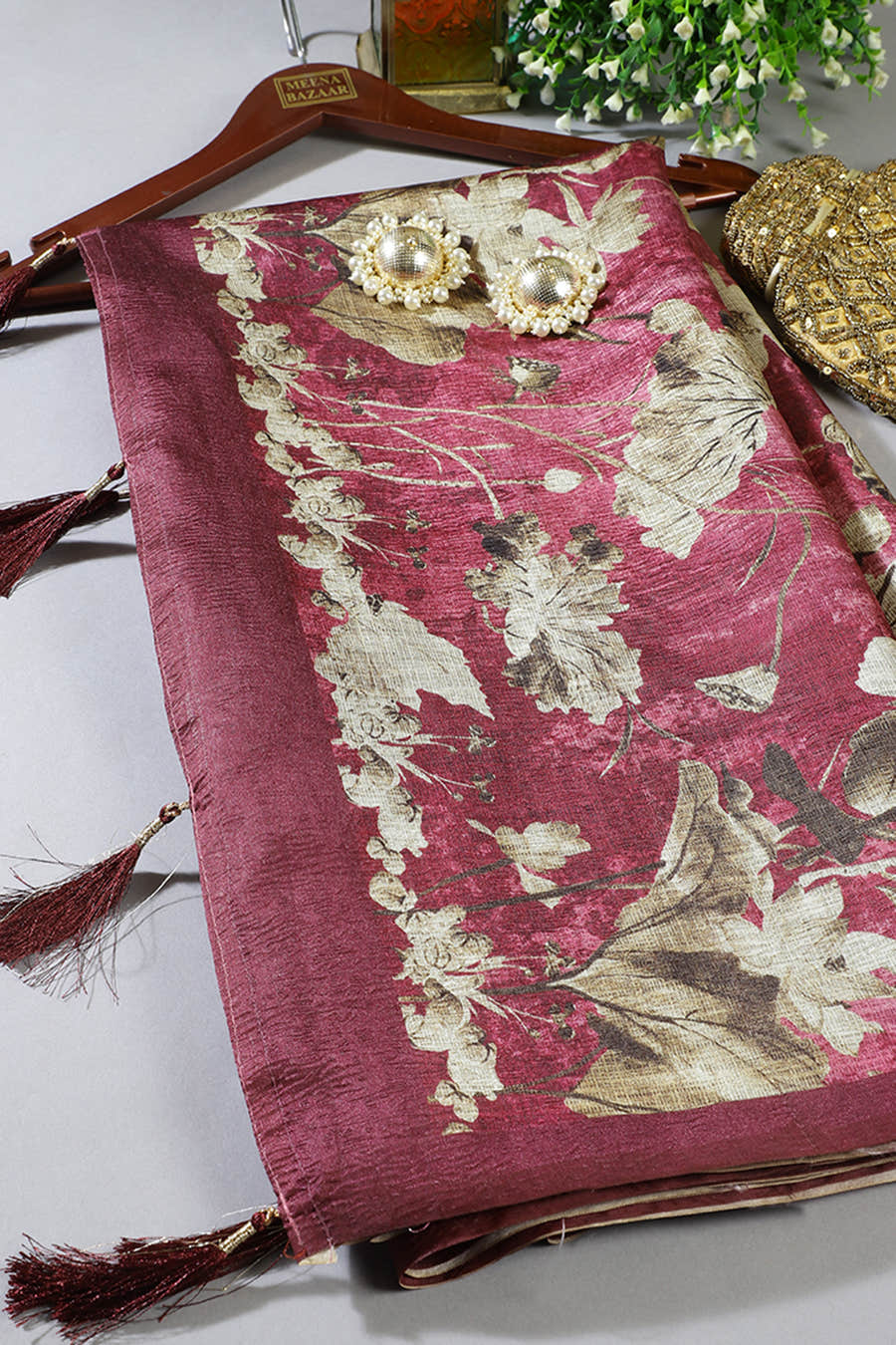 Wine Tussar Silk Floral Printed Saree