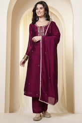 Dark Scarlet Chinone Silk Neck-Embroidered Suit Set
