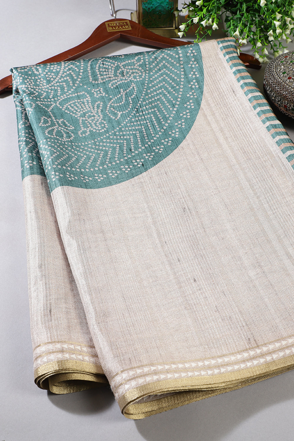 Beige And Teal Tussar Silk Printed Saree