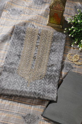 Grey Tussar Silk Neck Zari Embroidered & Printed Unstitched Suit Fabric