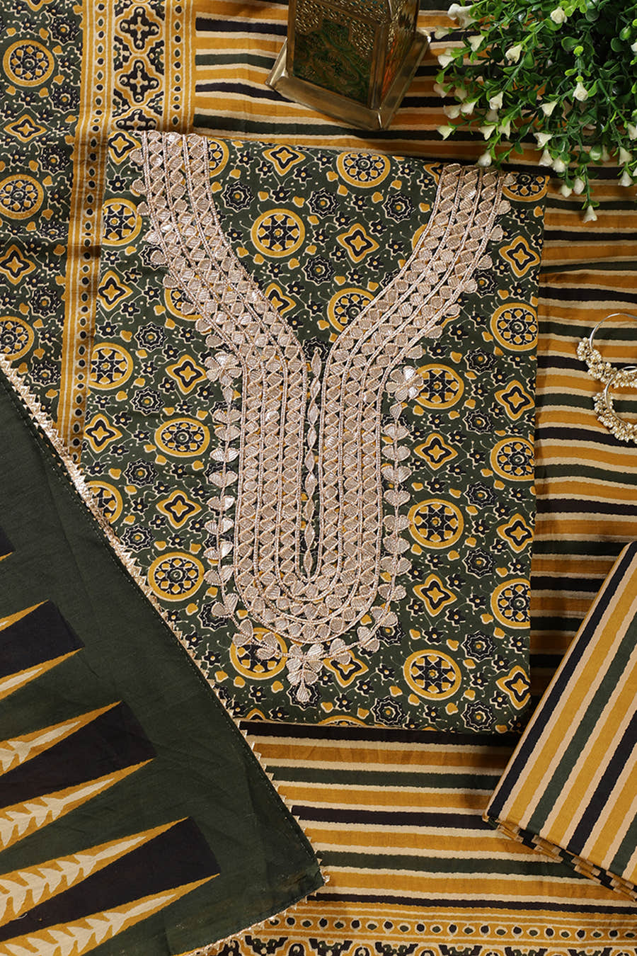 Green Cotton Printed & Neck Embroidered Unstitched Suit Material