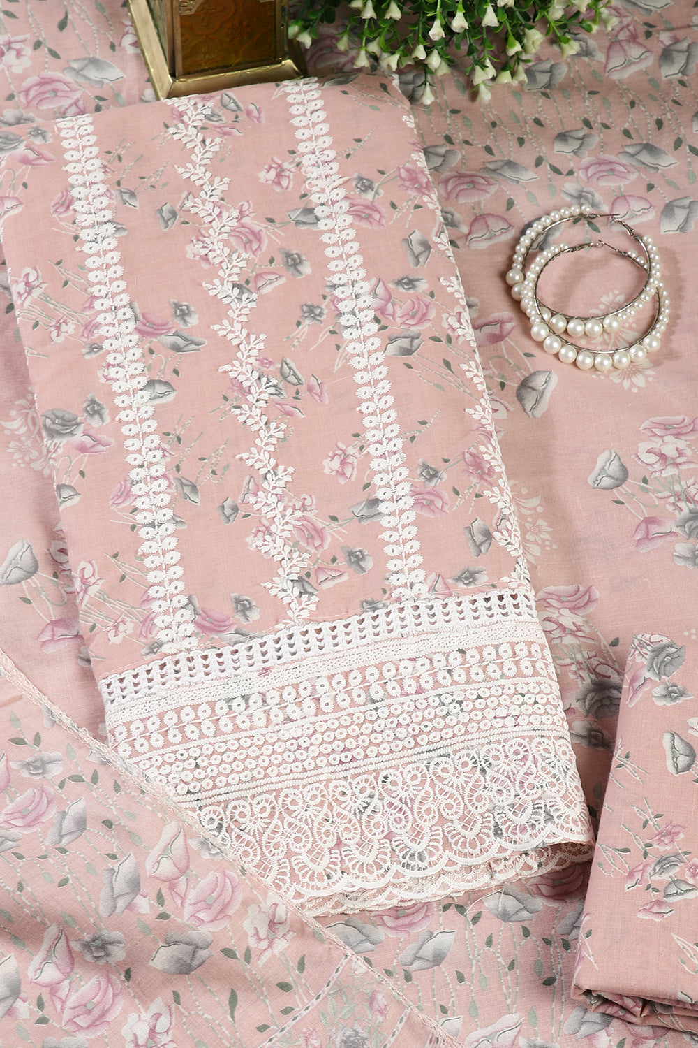 Light Peach Color Cotton Resham Embroidered And Lace Work Unstitched Suit Fabric