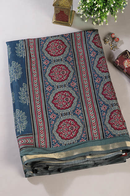 Blue Color Cotton Silk Printed Saree