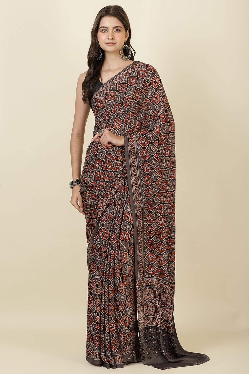 Brown Crepe Printed Saree