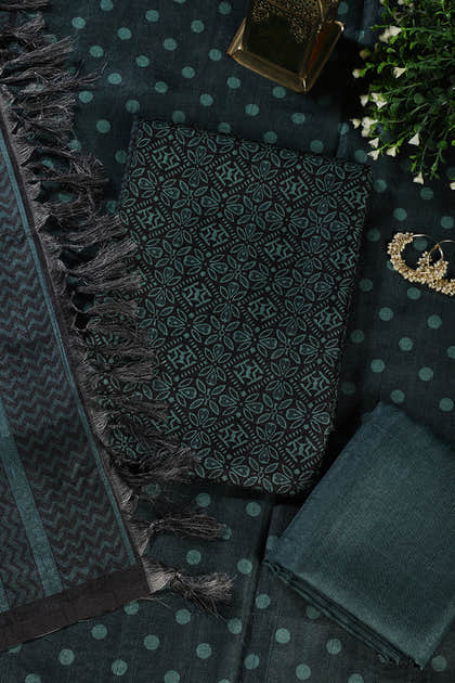 Bottle Green Chanderi Cotton Printed Unstiched Suit Material