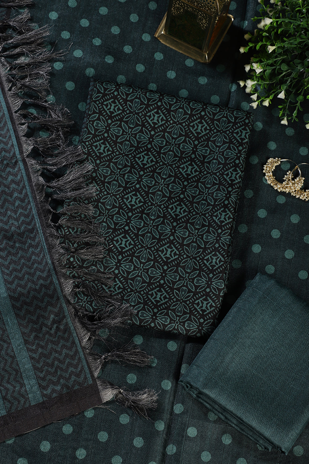 Bottle Green Chanderi Cotton Printed Unstiched Suit Material