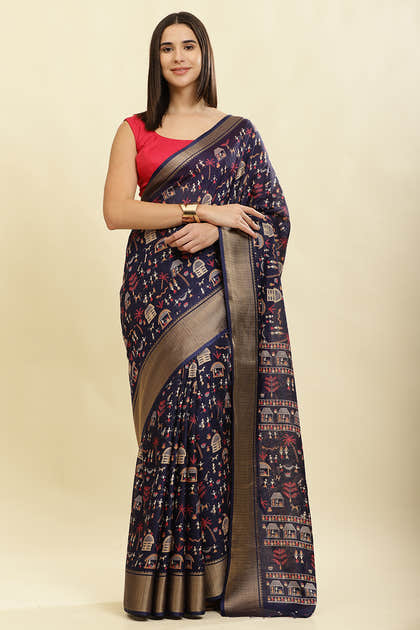 Navy Cotton Silk Printed Saree