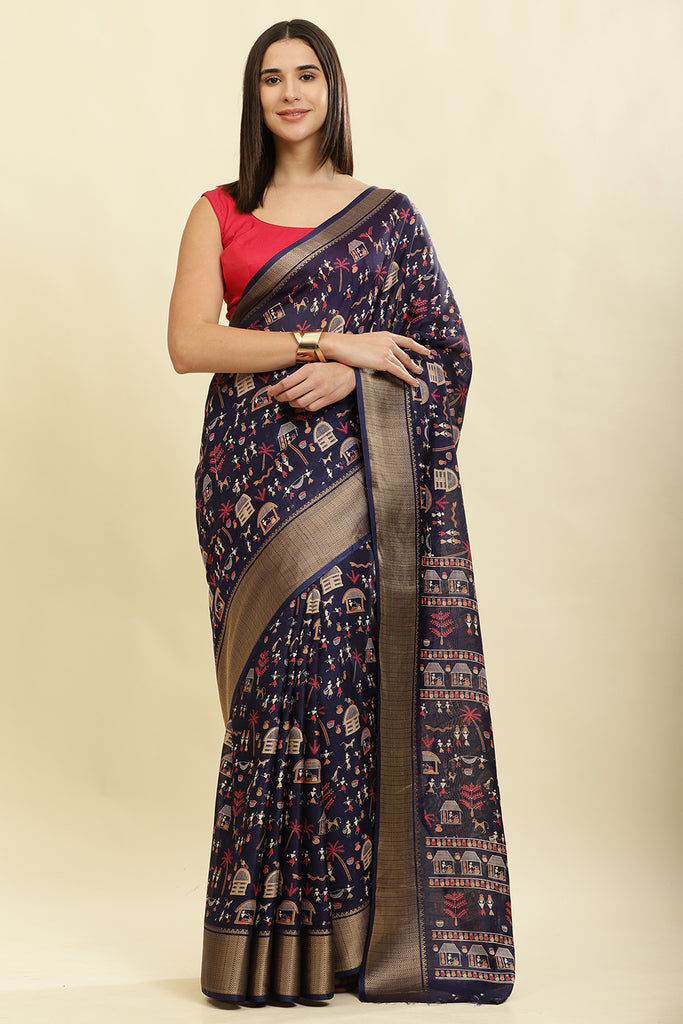 Navy Cotton Silk Printed Saree