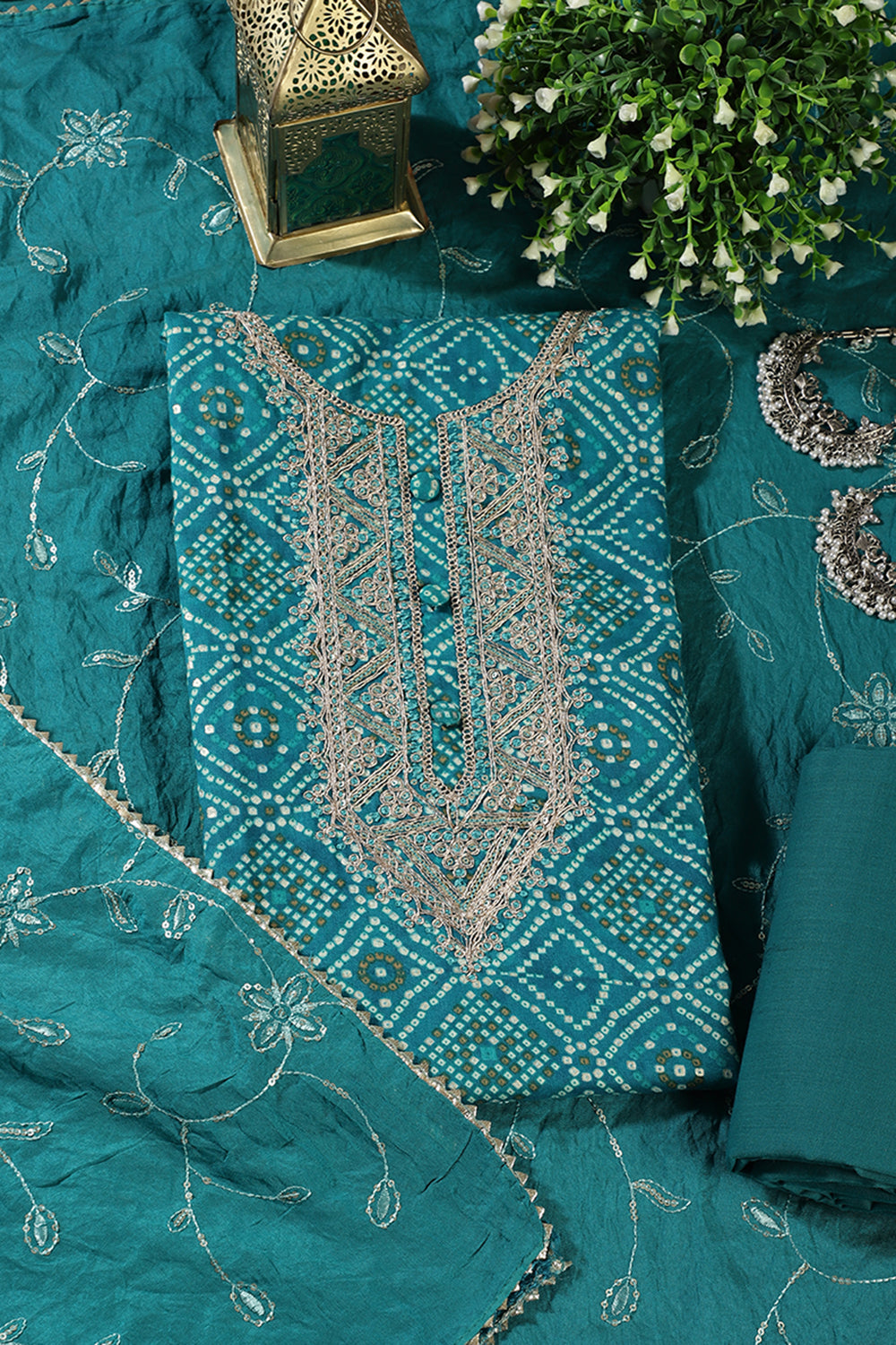 Teal Cotton Bandhani Printed And Neck Embroidered Unstitched Suit