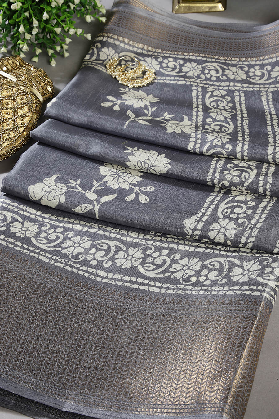 Grey Color Cotton Silk Block Printed Saree