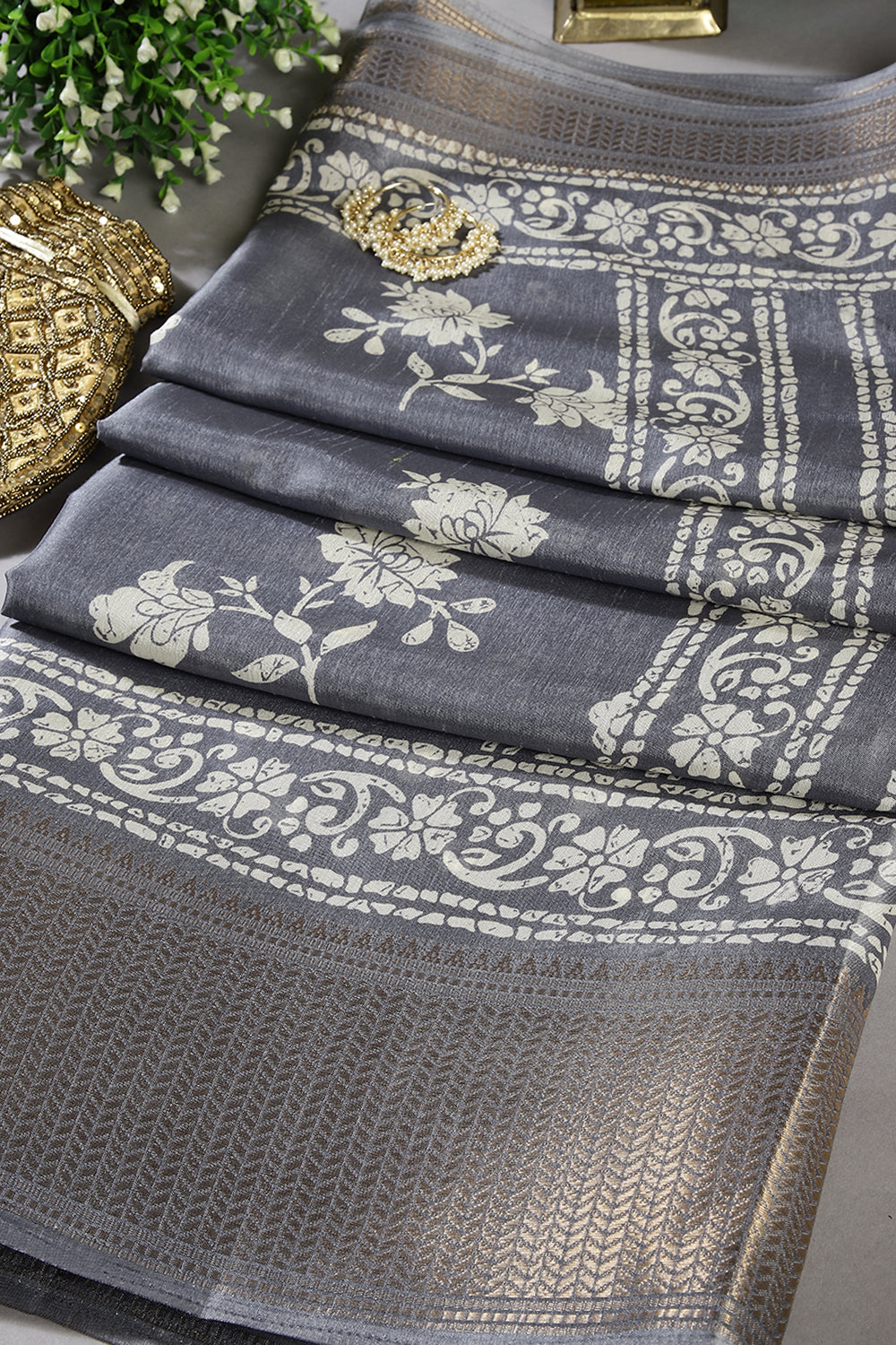 Grey Color Cotton Silk Block Printed Saree