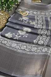 Grey Color Cotton Silk Block Printed Saree