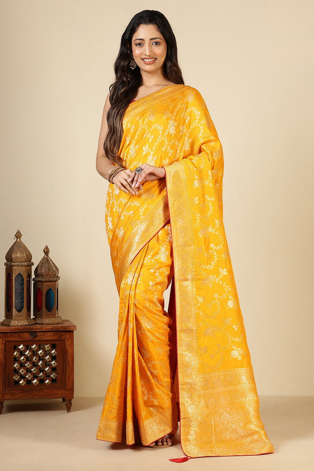 Mustard Banarasi Silk Zari Floral Zaal Woven Saree
