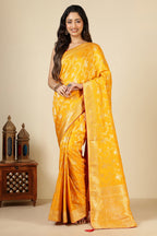 Mustard Banarasi Silk Zari Floral Zaal Woven Saree
