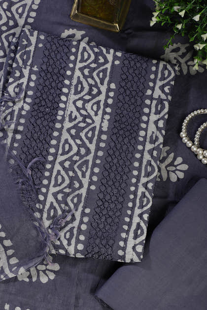 Grey Cotton Printed And Resham Embroidered Unstitched Suit Material