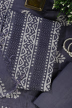 Grey Cotton Printed And Resham Embroidered Unstitched Suit Material