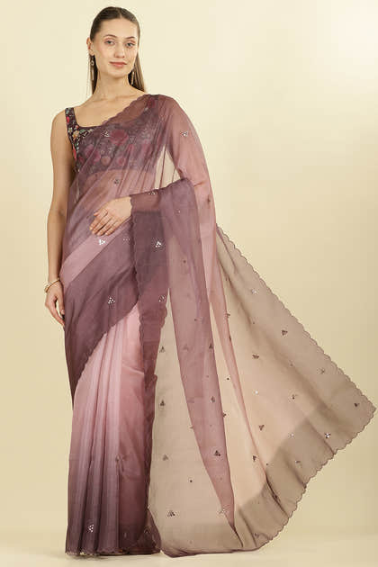 Ombre Dusty Rose Organza Saree With Mirror Work