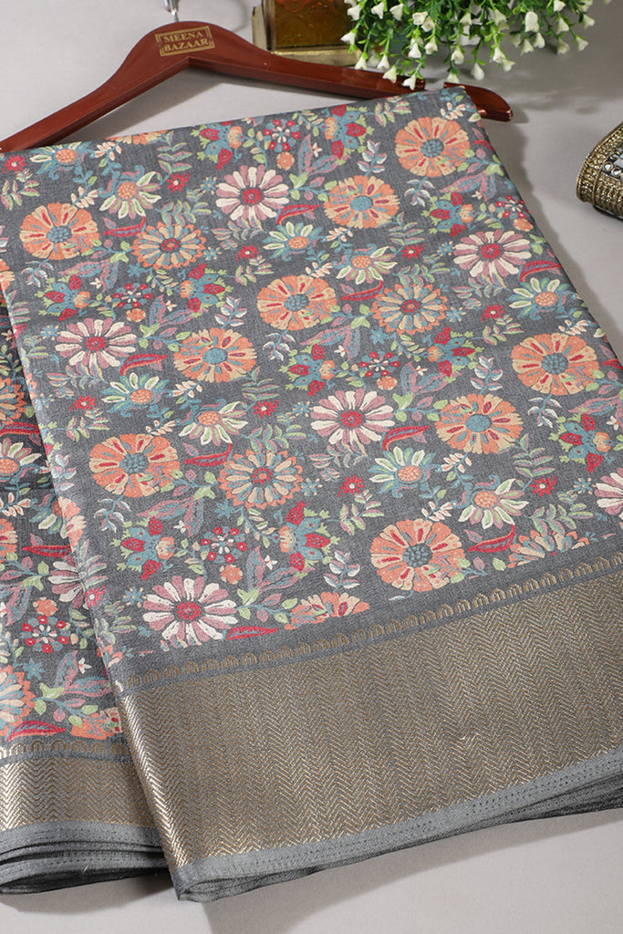 Grey Colour Floral Printed Cotton Silk Saree