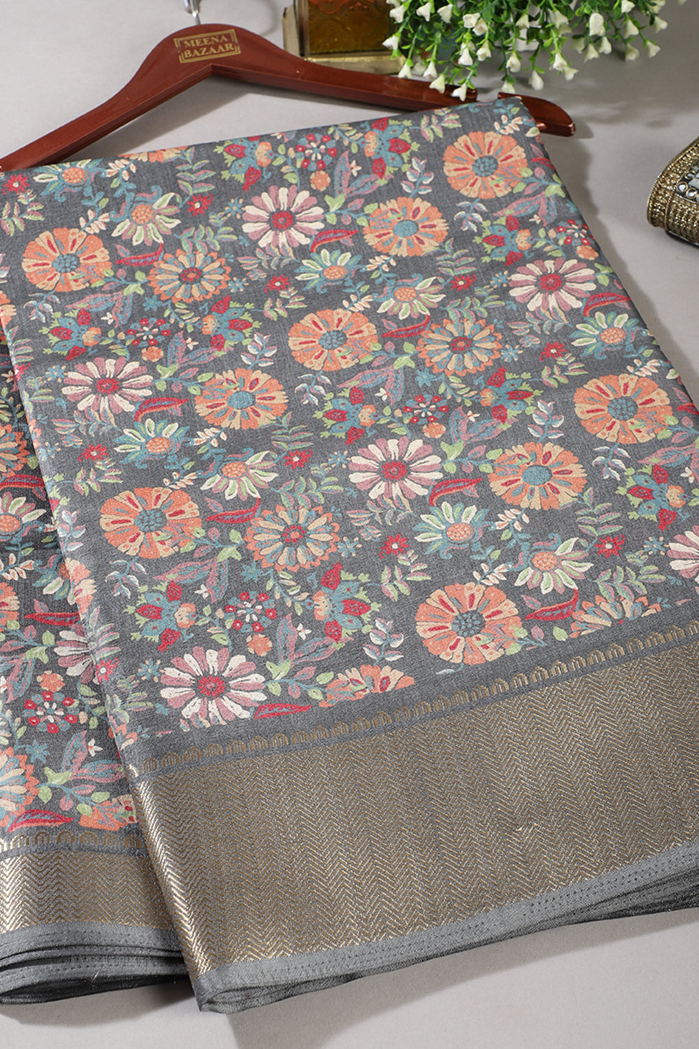 Grey Colour Floral Printed Cotton Silk Saree