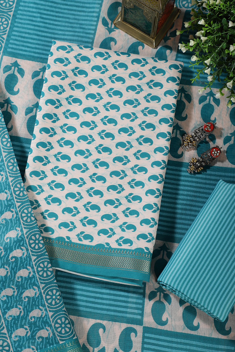 Cream & Teal Cotton Dabu Block Print Unstitched Suit Material