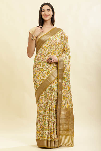 Olive Green & Beige Cotton Silk Floral Boota Printed Saree