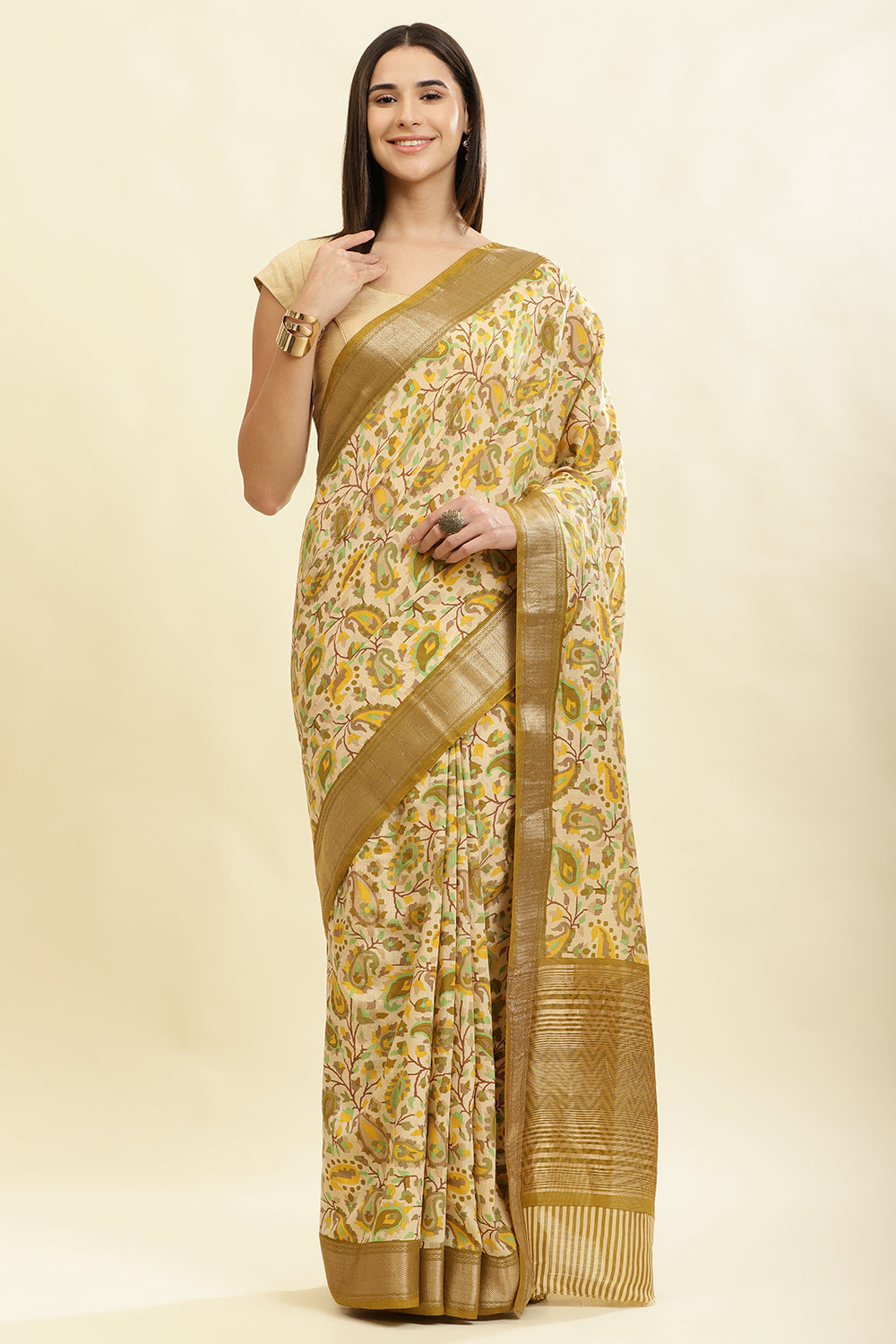Olive Green & Beige Cotton Silk Floral Boota Printed Saree
