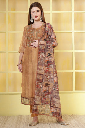 Brown Chanderi Neck-Embroidered Straight Suit