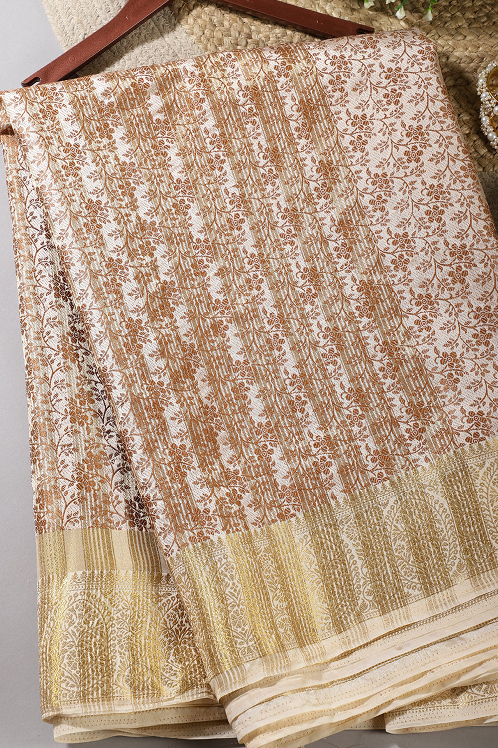 Cream Color Silk Floral Resham & Zari Woven Saree