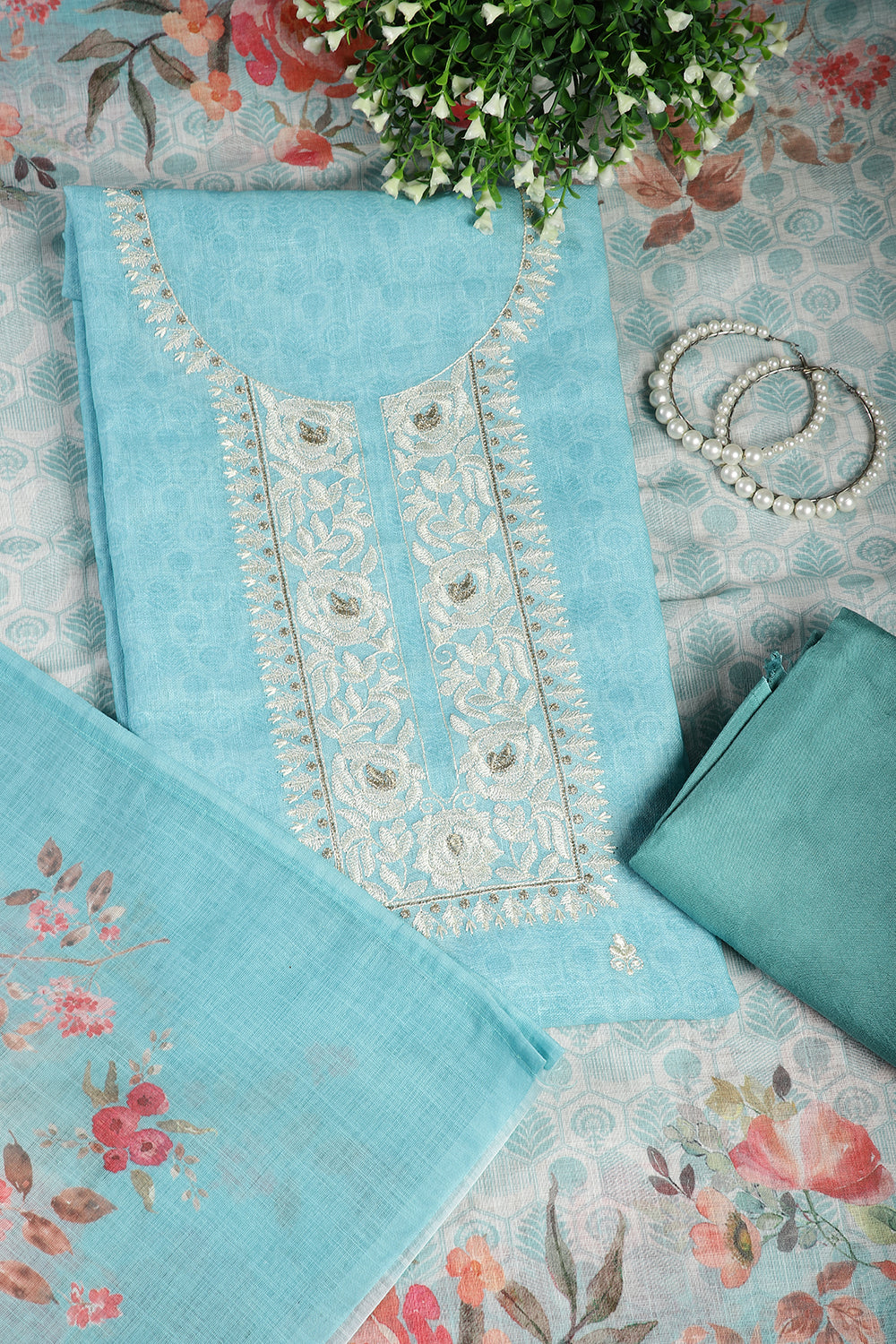 Firozi Color Linen Embroidery Self Print Unstitched Suit Material