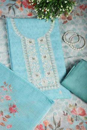 Firozi Color Linen Embroidery Self Print Unstitched Suit Material