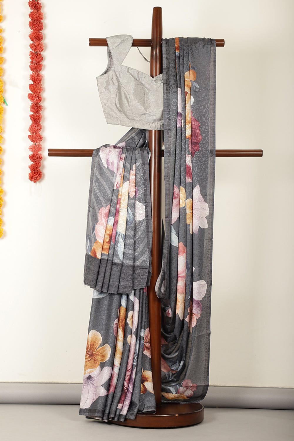 Grey Printed Jacquard Silk Saree