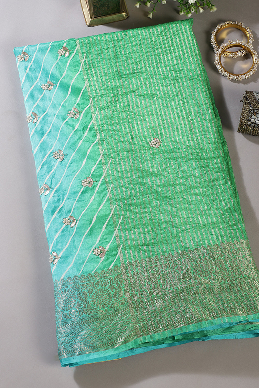 Turquoise Jaipuri Silk Leheriya Printed And Embroidered Saree