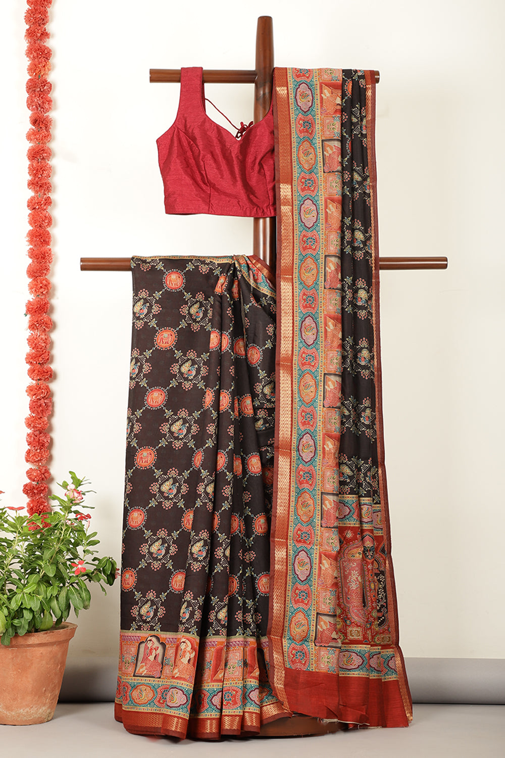 Black Cotton Kalamkari Printed Saree