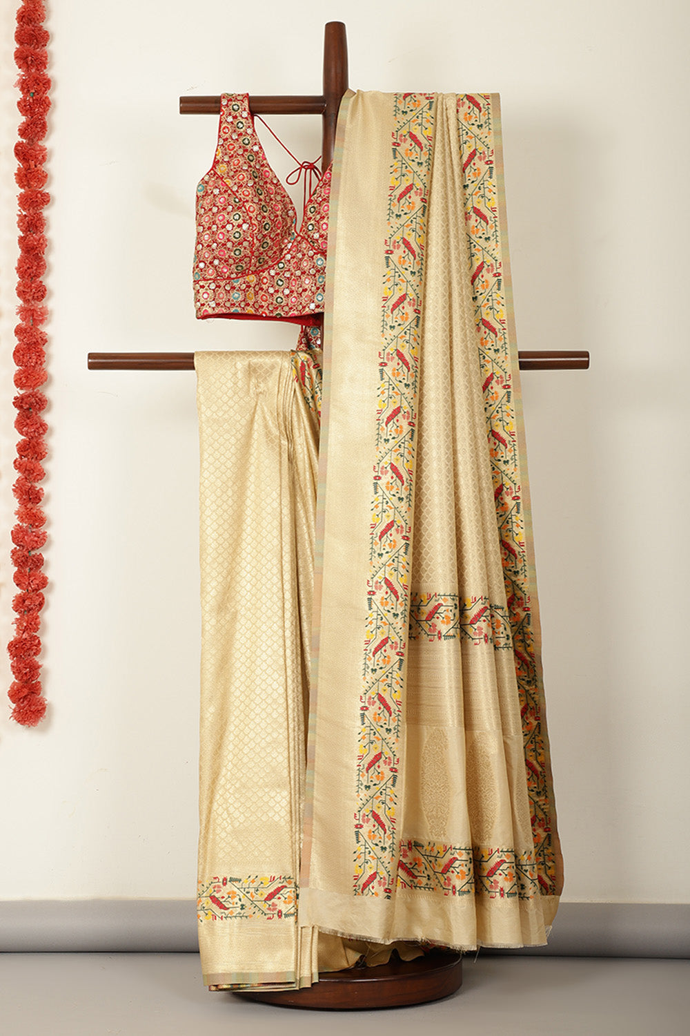 Beige Soft Silk Zari and Resham woven Saree