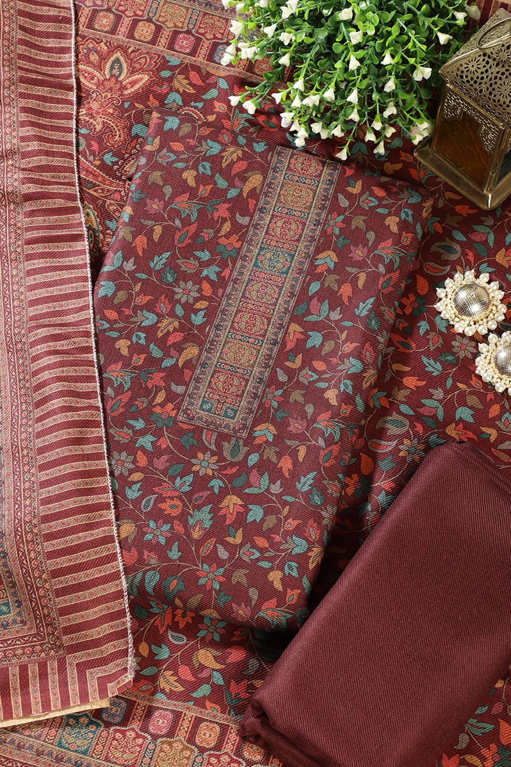 Dark Scarlet Pashmina Floral Printed Unstitched Suit Fabric
