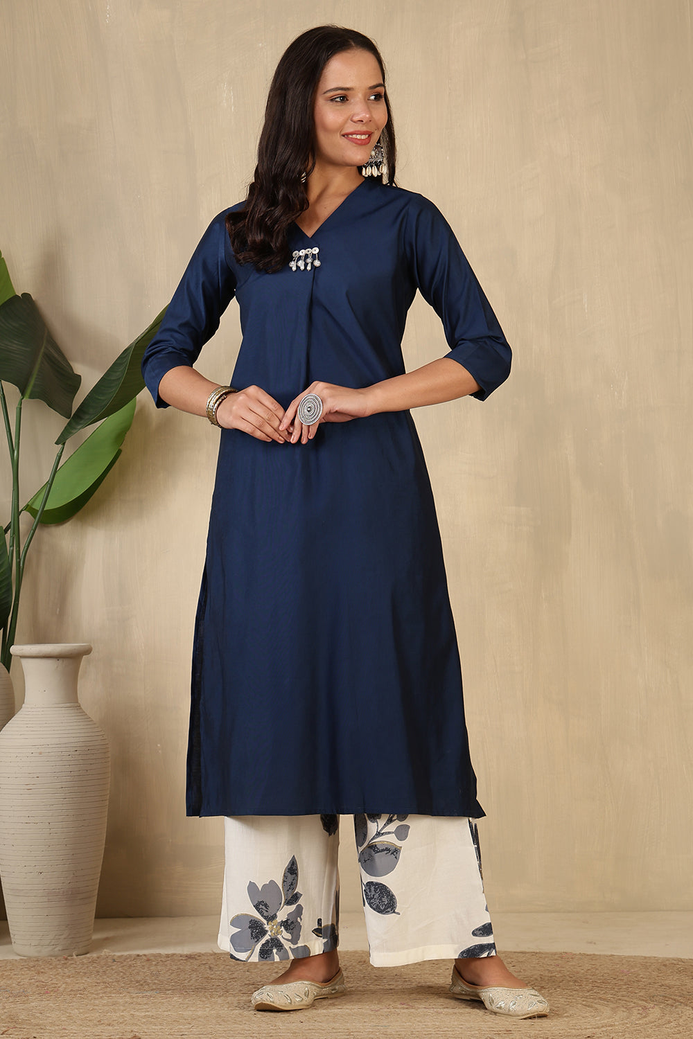 Navy Chanderi Cotton Kurta Set