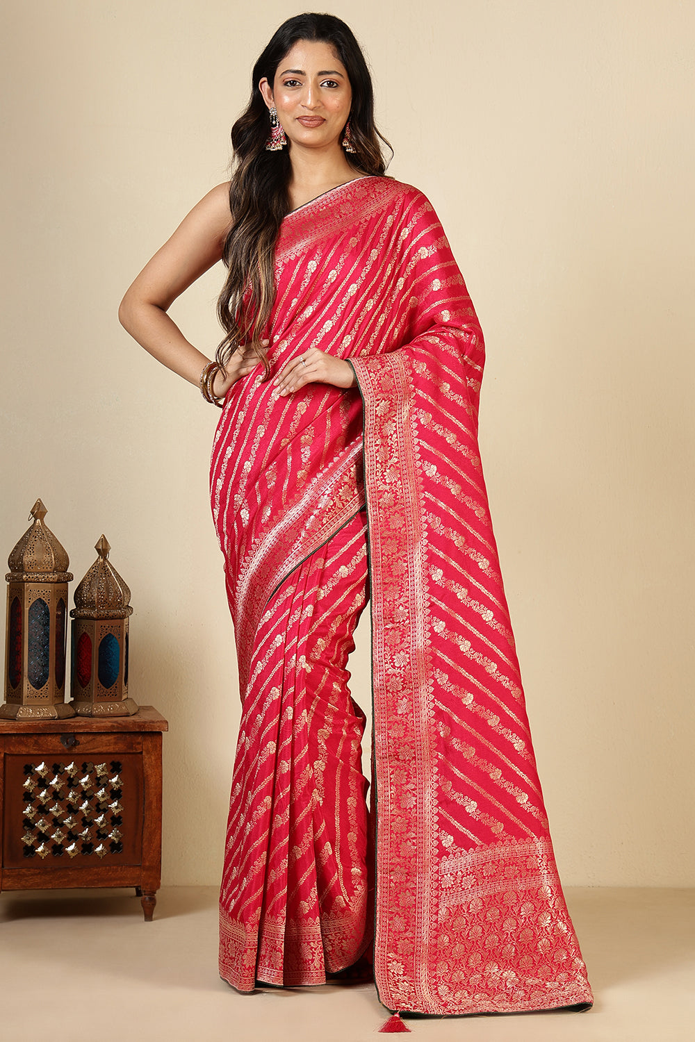 Rani Color Banarasi Woven Tussar Silk Saree
