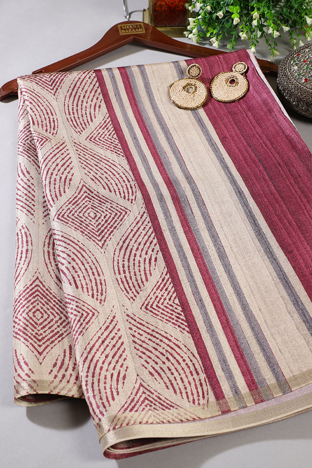 Beige & Wine Tussar Silk Printed Saree