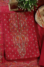 Red Zari Woven And Printed Silk Unstitched Suit Material