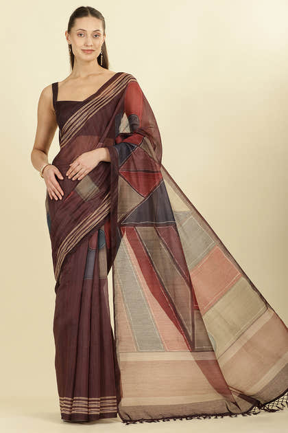 Wine Organza Cotton Printed Saree