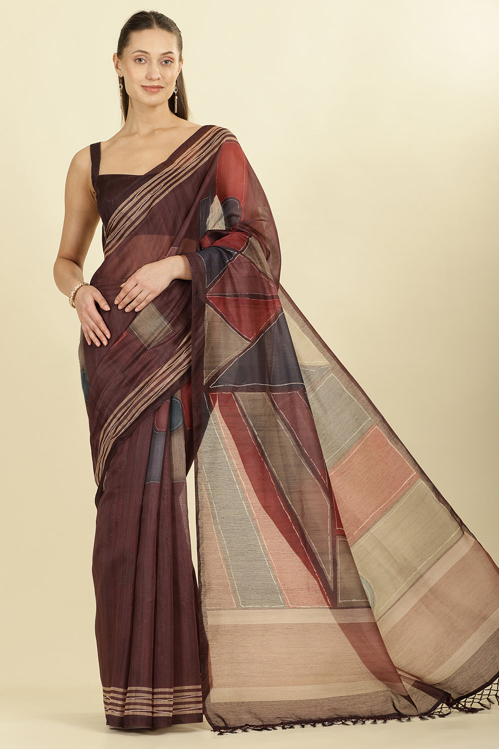 Wine Organza Cotton Printed Saree