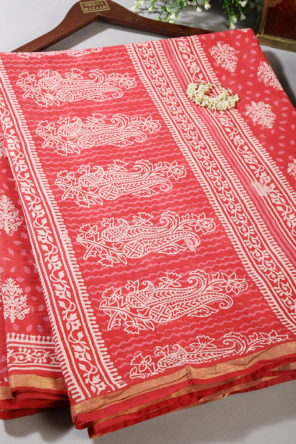 Red Color Cotton Hand-Block Style Printed Saree