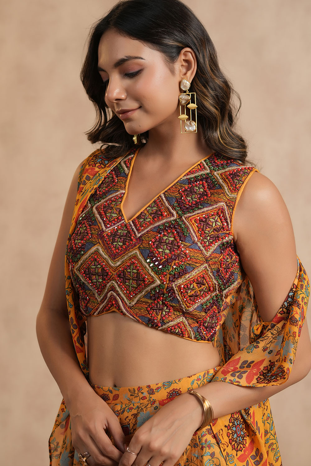 Mustard Green Colour Chinon Embroidered Crop-Top and Printed Palazzo Set With Shrugs