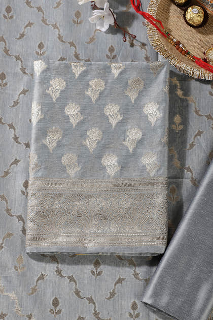 Grey Silk Zari Woven Unstitched Suit Material