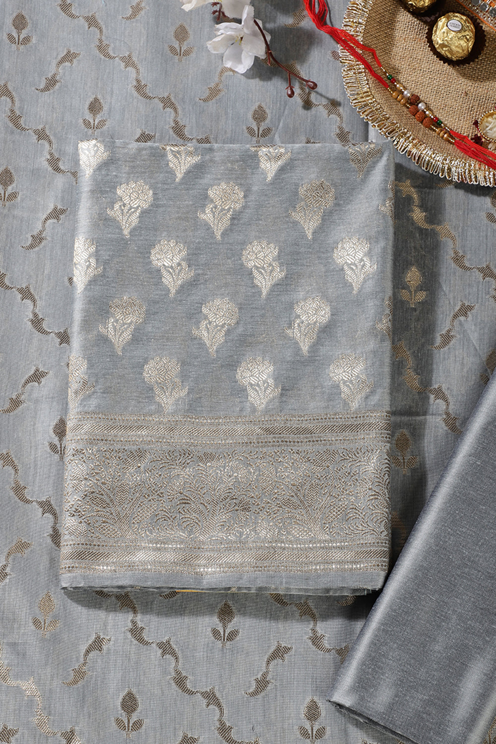 Grey Silk Zari Woven Unstitched Suit Material