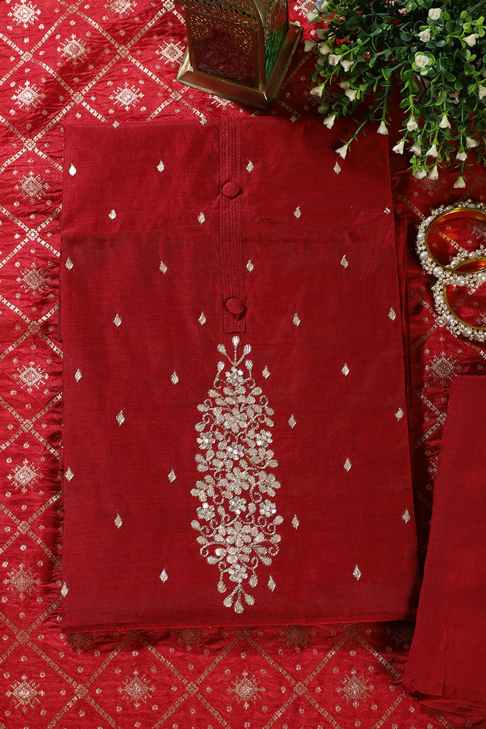 Maroon Chanderi Silk Gota-Patti Embroidered Unstitched Suit Fabric With Banarsi Woven Dupatta