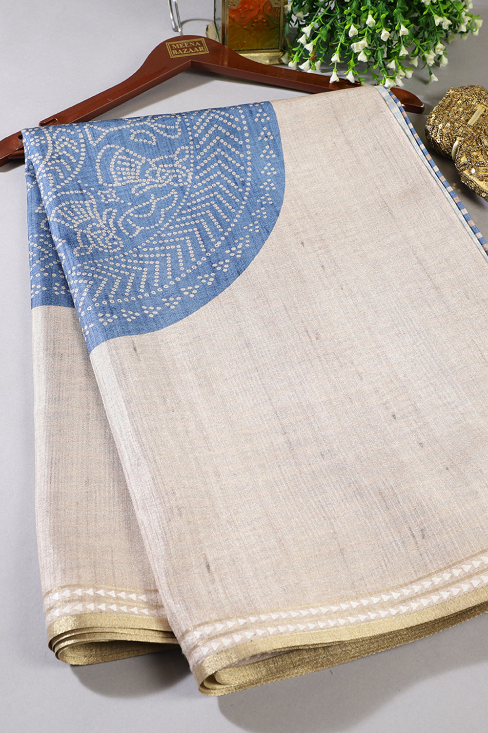 Beige And Blue Tussar Silk Printed Saree
