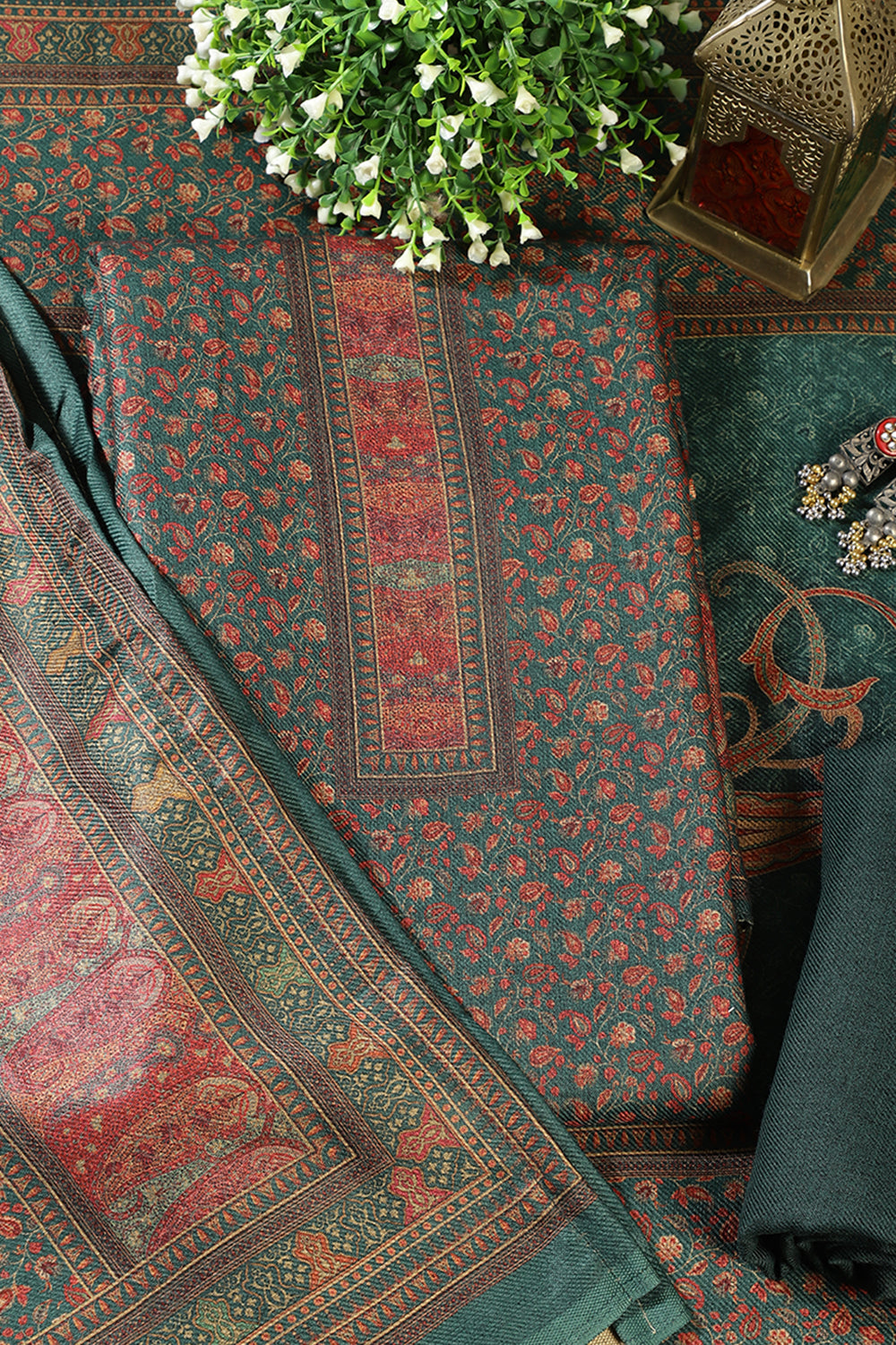 Green Pashmina Floral Printed Unstitched Suit Material