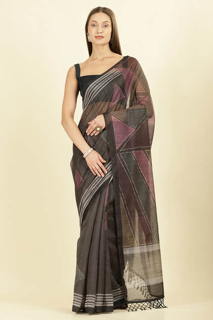 Black Organza Cotton Printed Saree